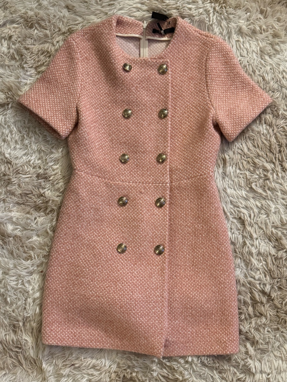 Maje Pink and Ecru Mottled Tweed Dress features distinct rows of